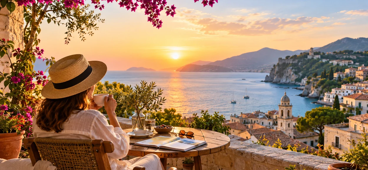 Viajar sin prisas: viajera que disfruta de un café contemplando un pueblo mediterráneo desde una terraza. Imagen generada con inteligencia artificial.