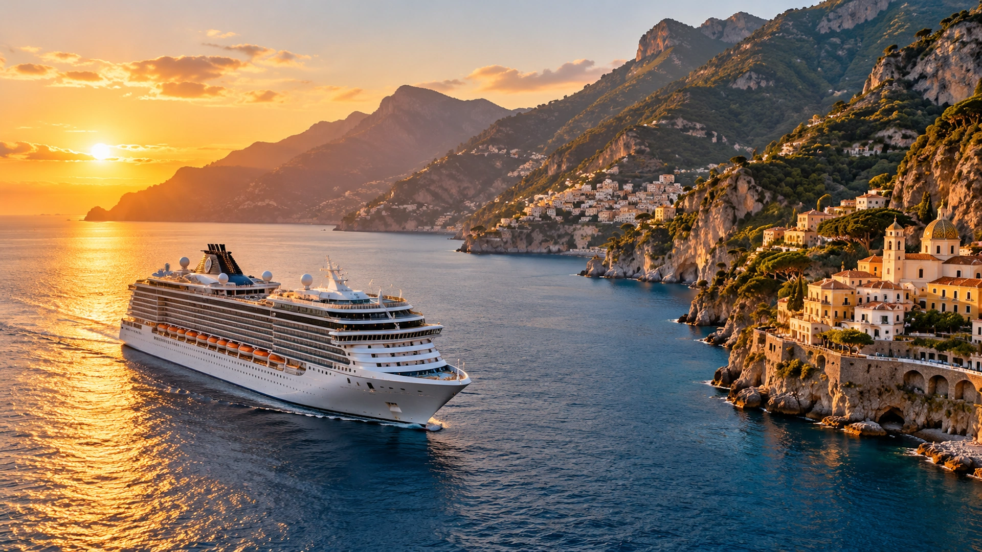 Barco de crucero navegando al atardecer frente a una costa mediterránea con acantilados y pueblos.