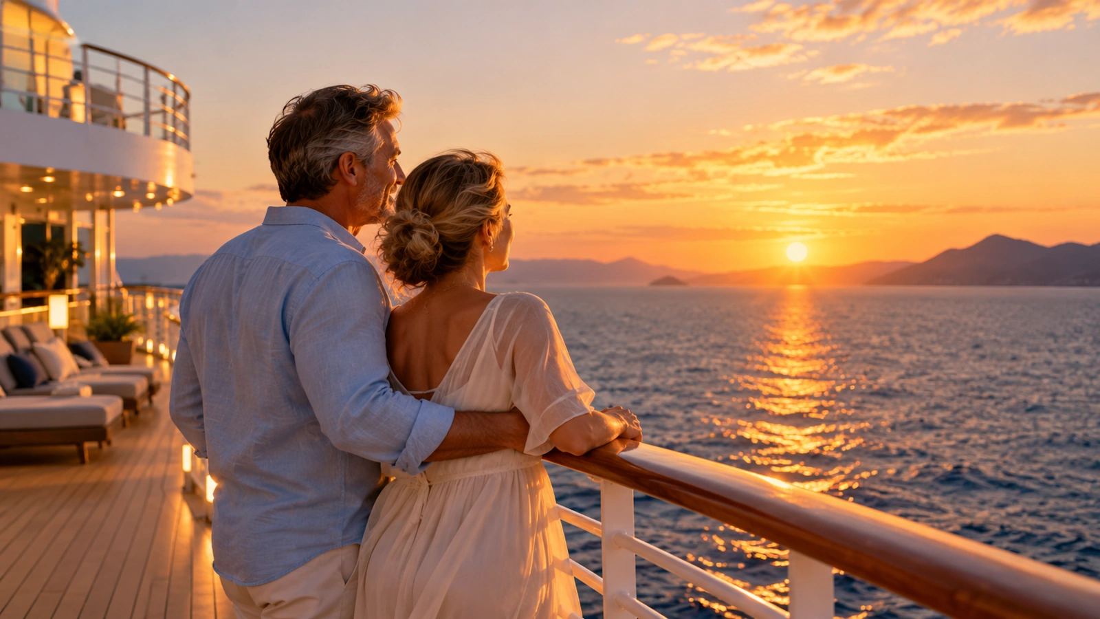 Pareja contemplando la puesta de sol desde la cubierta de un barco de crucero.