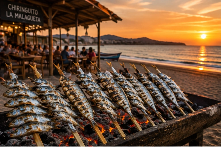 Espetos de sardinas asándose sobre brasas junto al mar, símbolo de la gastronomía malagueña.