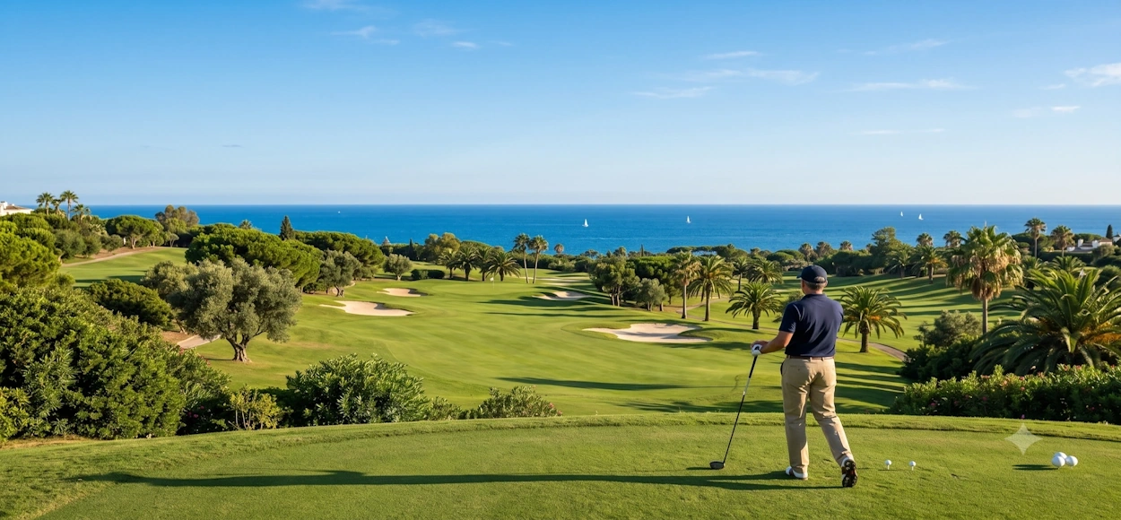 Golf en la Costa del Sol: jugador en un campo de golf verde con vistas al mar Mediterráneo.
