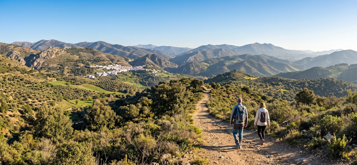 Senderistas recorriendo un paisaje de montaña de la Gran Senda de Málaga, GR 249.