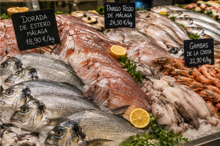 Mostrador con variedad de pescados y mariscos frescos sobre hielo.