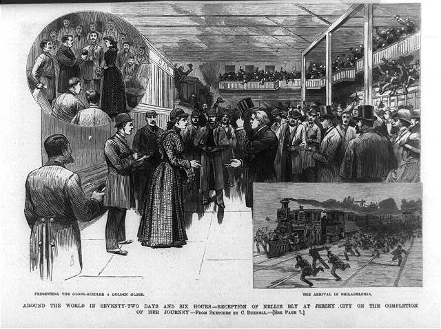 Grabado histórico de 1890 que representa el recibimiento a Nellie Bly en Jersey City tras dar la vuelta al mundo en 72 días.
